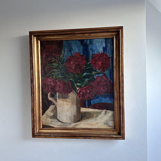 Image 1 of Vintage Oil Painting – Red Peonies in White Jug, Signed FAE, Expressive Floral Still Life, Belgian School Framed Artwork, 20th C