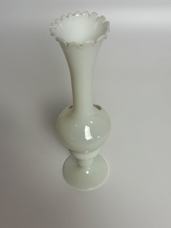 Image 1 of Elegant Italian Opaline Glass Rose Vase with Scalloped Rim, attributed to Stelvia. Italy, 1960s