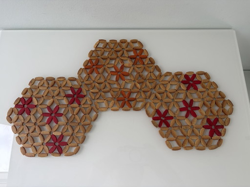 Set of 3 vintage bamboo coasters with flowers