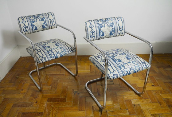 Image 1 of Bauhaus Cantilever Chairs, Portuguese Blue and White Tile Azulejo Upholstery Dining Chairs, Chromed Steel Frame Seating Set of 2