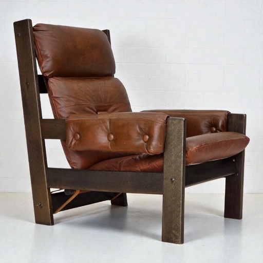 Sillón escandinavo años 70, mobiliario de piel, lona, ​​madera de roble.