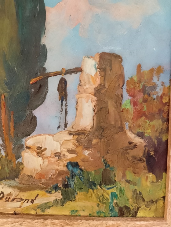 Image 1 of Antiek olieverfschilderij op paneel, Provençaals landschap, P. Durand, jaren 1940-1950