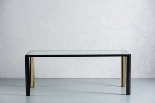 Vintage Saporiti Style Crystal Top And Black Frame Dining Table, Italy, 1970’s