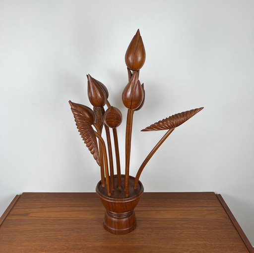 Carved Wooden Floral Sculpture – Vintage Modular Bouquet (1970s)