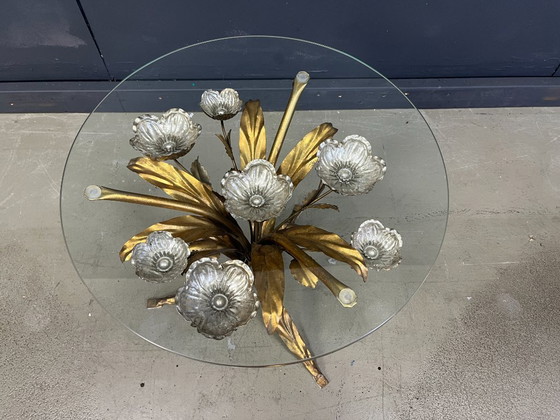 Image 1 of Tavolino floreale vintage hollywood regency in metallo dorato, anni '60