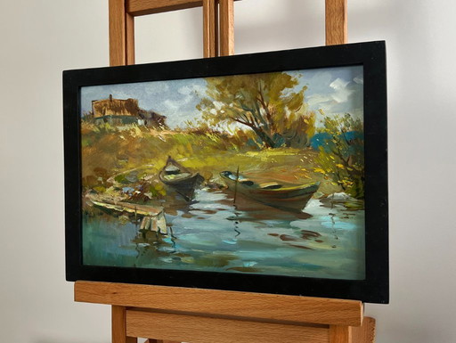 Origineel olieverfschilderij: Zomers kustlandschap, zomerse rust aan de rivier