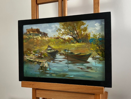 Image 1 of Origineel olieverfschilderij: Zomers kustlandschap, zomerse rust aan de rivier