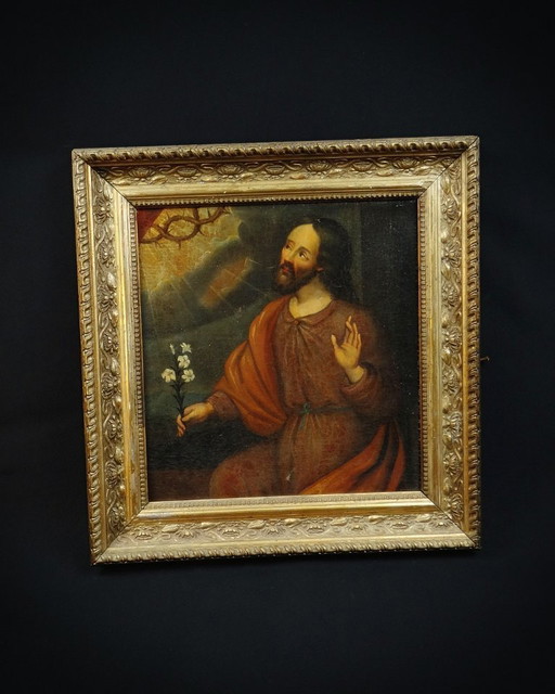 Saint Joseph tenant un Lys, huile sur toile école Française du XVIIIeme 51x48 cadre bois doré