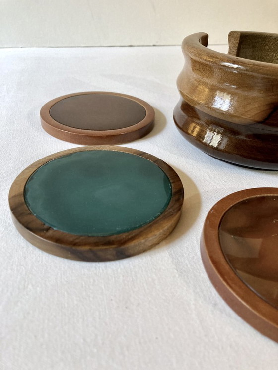 Image 1 of Set of 5 agate and walnut wood coasters