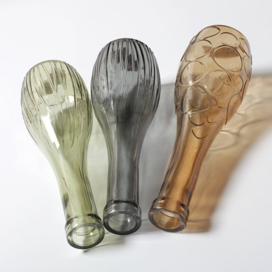 Image 1 of Set of 3 Grey, Green and Amber Glass Vases / Colored Bottles or Flower Vases / Ikea / 2000s