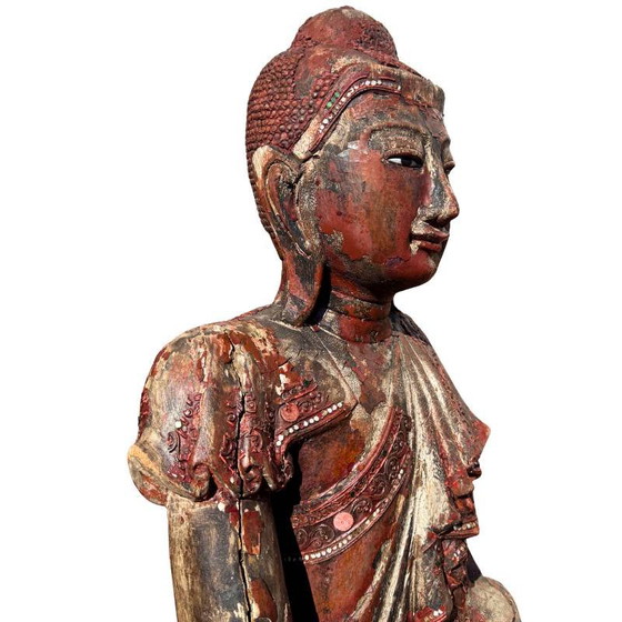 Antique Wooden Buddha Statue from Burma - Large Mandalay Buddha with Mirror Inlay – Sculpture (photo 4 of 18)