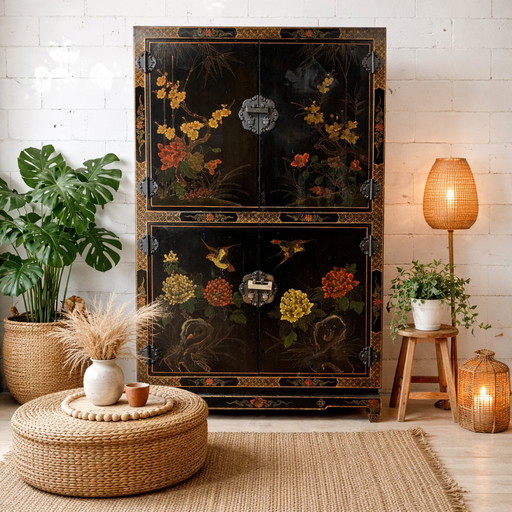 Vintage black Chinese lacquer cabinet with flowers and birds / bohemian / Asian / Oriental cabinet