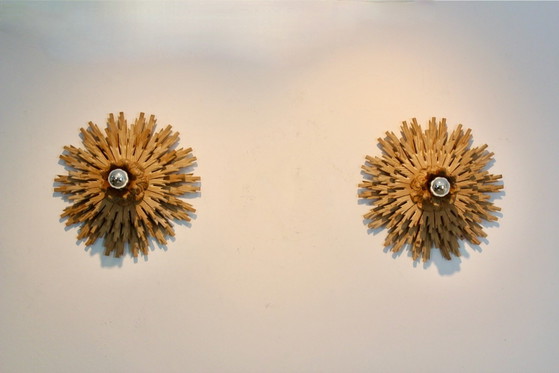 Natural pair of Large Carved Sunburst Wooden Sconces, Wall lights (photo 4 of 10)