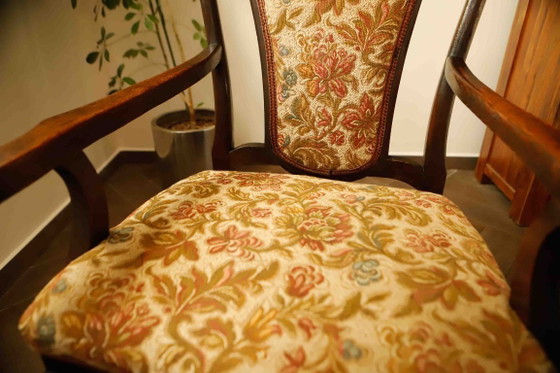 Image 1 of Antique Queen Anne Revival Carver Armchair with Floral Tapestry Upholstery 
