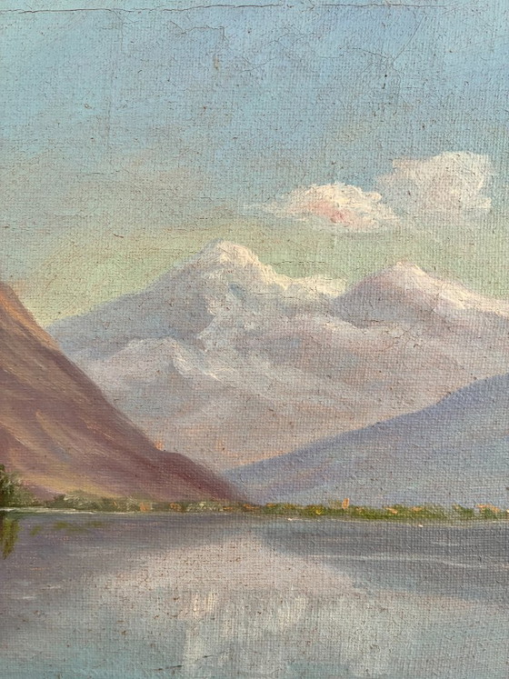 Dipinto a olio vintage firmato, paesaggio di lago di montagna – Dipinti e disegni, Canvas (photo 3 of 13)