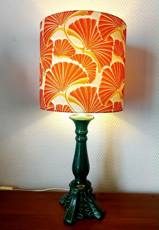 Image 1 of Vintage groene keramische lamp met op maat gemaakte lampenkap.