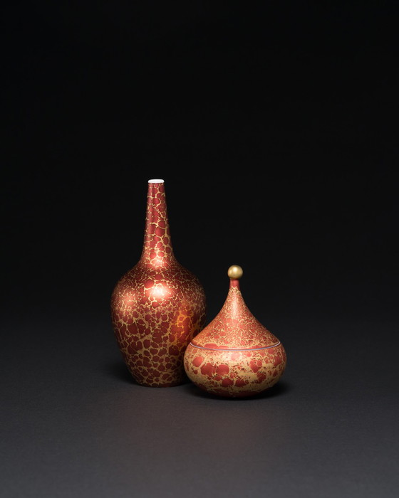 Image 1 of Vase Duo en porcelaine peinte à la main, rouge Goldfeuer, Hans Wohlrab Rosenthal H. Drexler