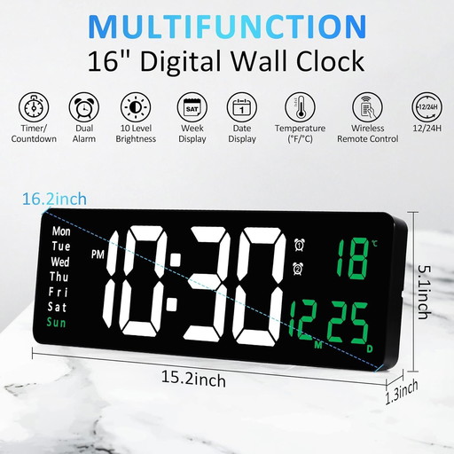 Sukeen Wall Clock, large digital wall clock with remote control, 40.6 cm (16 inch) LED large display up and down, dimmable