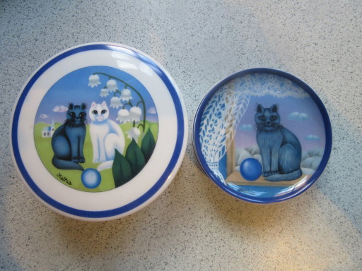 Ensemble de 4 plateaux à bijoux Arzberg Germany avec pot à couvercle, motif chat par Kathia. Vintage (photo 2 of 17)