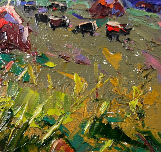 Image 1 of Dipinto ad olio originale, paesaggio al tramonto estivo, colori della sera