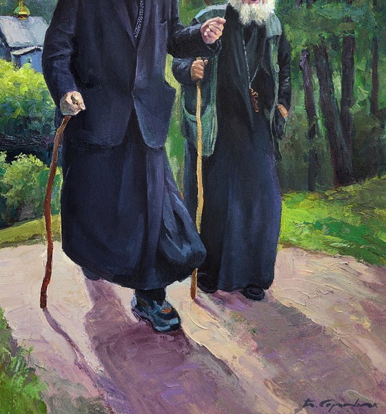Original Oil Painting Monks Landscape From Sunday Service – Paintings & Drawings, Canvas (photo 7 of 7)
