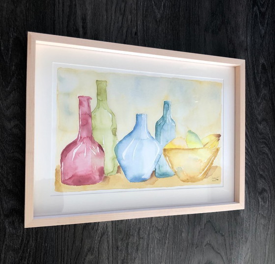 Image 1 of Aquarelle aux bouteilles et aux fruits Allemagne, années 90