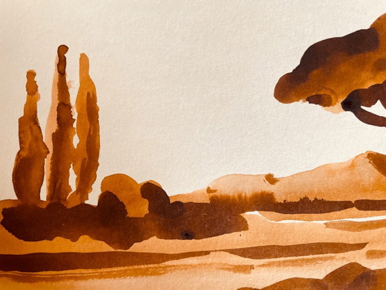 Image 1 of Monochrome watercolor signed in tobacco color, "umbrella pines on Mount Ventoux"