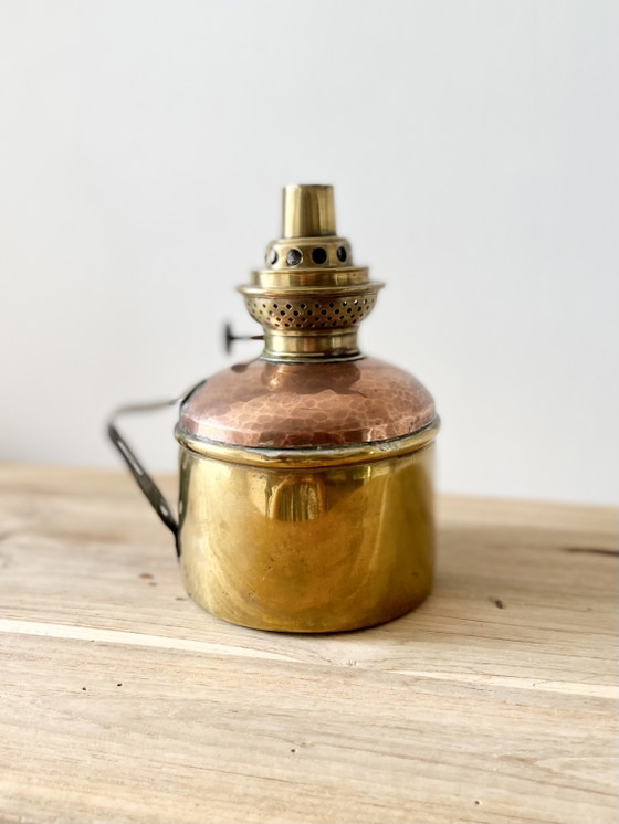 Image 1 of Antique Brass & Hammered Copper Oil Lamp · 19th Century · Hand Crafted Burner · French Oil Lamp Base · Victorian Lamp 