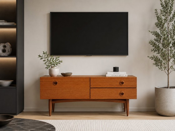 Image 1 of Teakhouten Dressoir met Klep, 2 Lades en Conische Poten