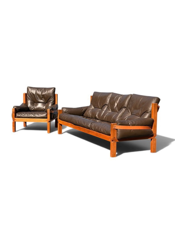 Auténtico conjunto de salón Pierre Chapo: sofá S32 y sillón S15 - Olmo y cuero (años 60) – Zona de estar (photo 8 of 23)