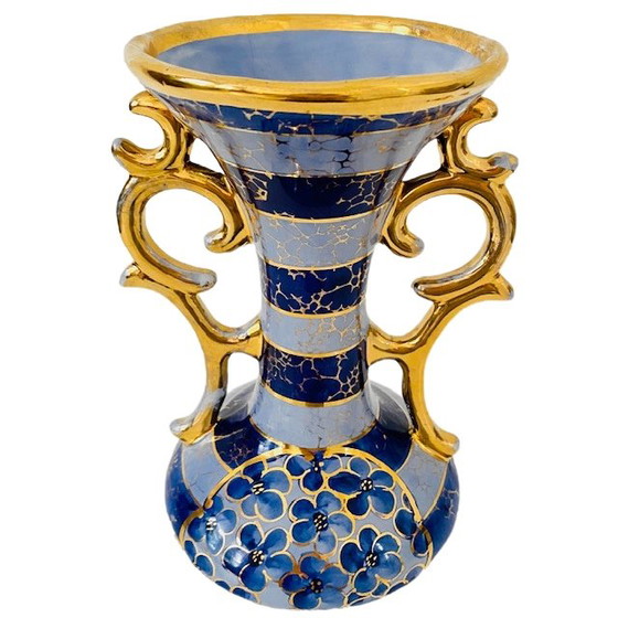 Image 1 of Mid-century Belgian vase blue gold Bequet baroque 1950s
