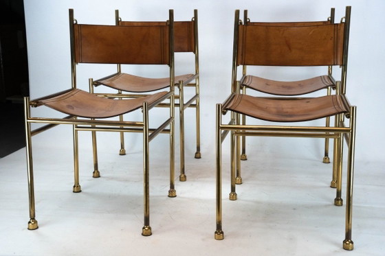 Image 1 of Set van 4 messing en lederen stoelen van Luciano Frigerio, Italië, jaren 70.