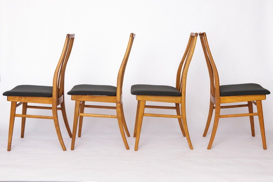 Image 1 of Set of 6 Vintage German Dining Chairs – 1960s/1970s Mid Century Beechwood Chairs, Newly Upholstered in Dark Brown Fabric