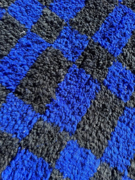 Image 1 of Handmade Moroccan Rug – Black & Blue Checkered Wool Carpet | Geometric Checkerboard Area Rug | Boho Vintage Style Home Decor