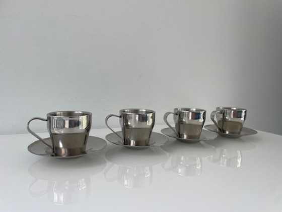 Image 1 of Set of 4 stainless steel espresso cups with saucers