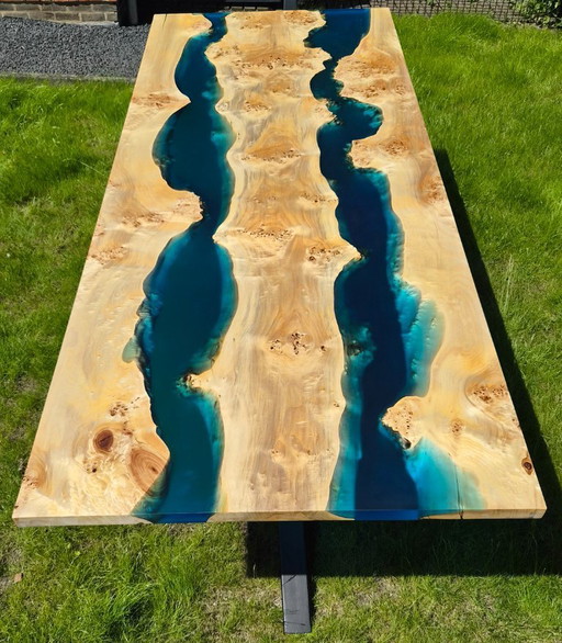 Root wood design table with blue epoxy – unique handmade piece
