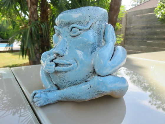 Image 1 of anthropomorphic vase in blue glazed ceramic, 1990
