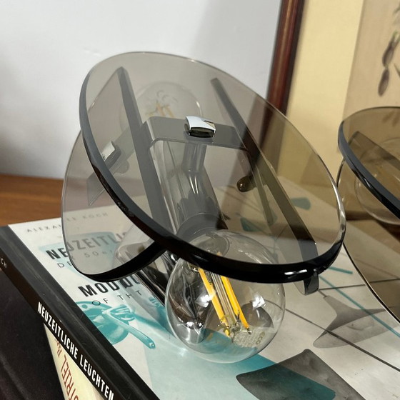Pair of Veca Wall lights in brown smoked glass and chrome metal 1970 (photo 6 of 9)