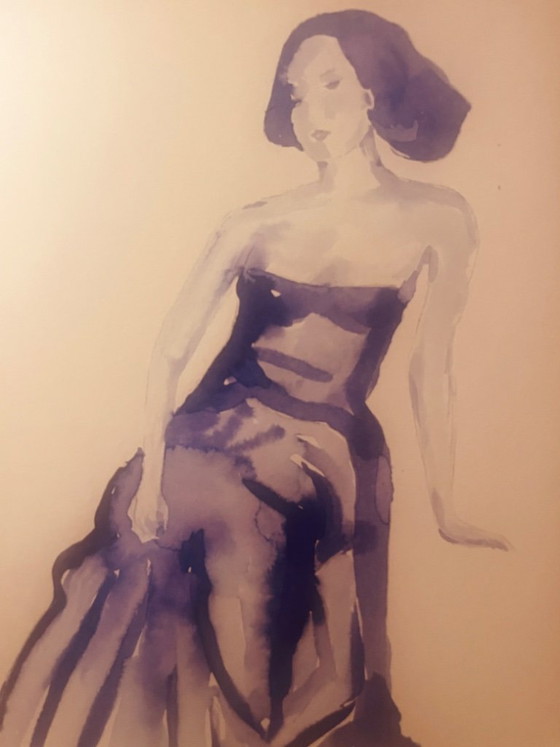 Tableau signé portrait féminin « robe de soirée bleue nuit » – Peintures et dessins, Papier (photo 2 of 10)
