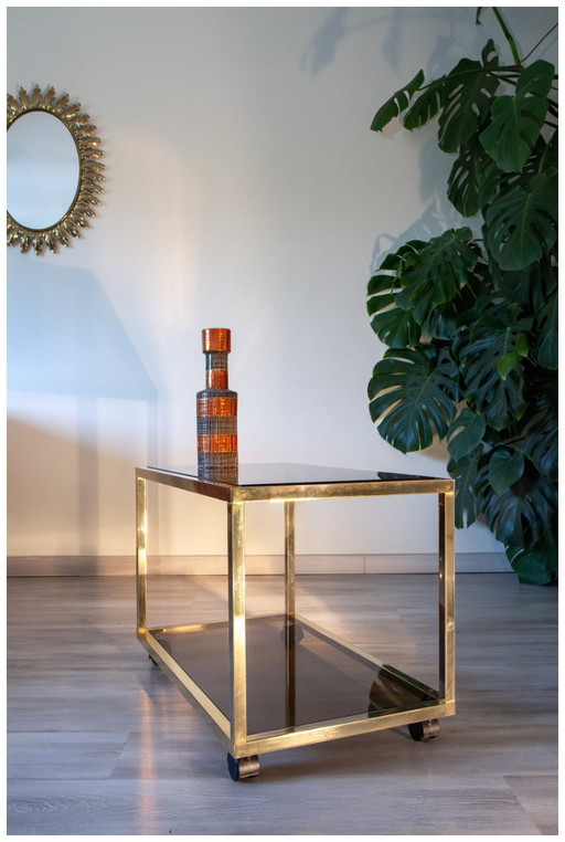 Side table, gilded metal and smoked glass, 1970-80