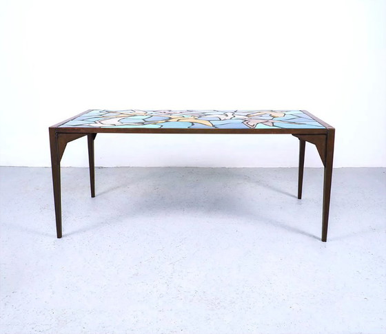 Image 1 of Tavolino da caffè vintage in metallo realizzato in mosaico di ceramica con motivo di uccelli, anni '70