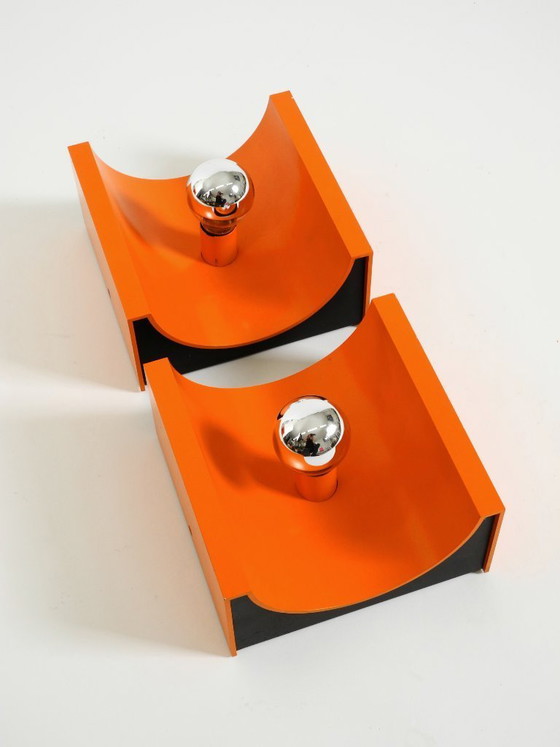 Image 1 of Pair of rare original 1960s Space Age metal wall lamps by Klaus Hempel for Kaiser Leuchten in orange