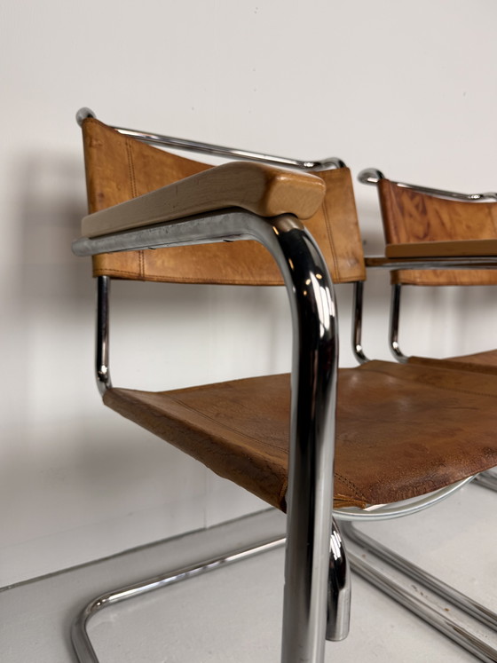 Image 1 of 6 x Thonet S34 tubular frame chairs cognac leather