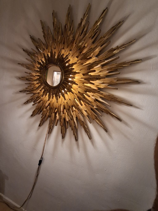 Luminous triptych sun mirror! 81cm from 1970. 9cm convex glass.