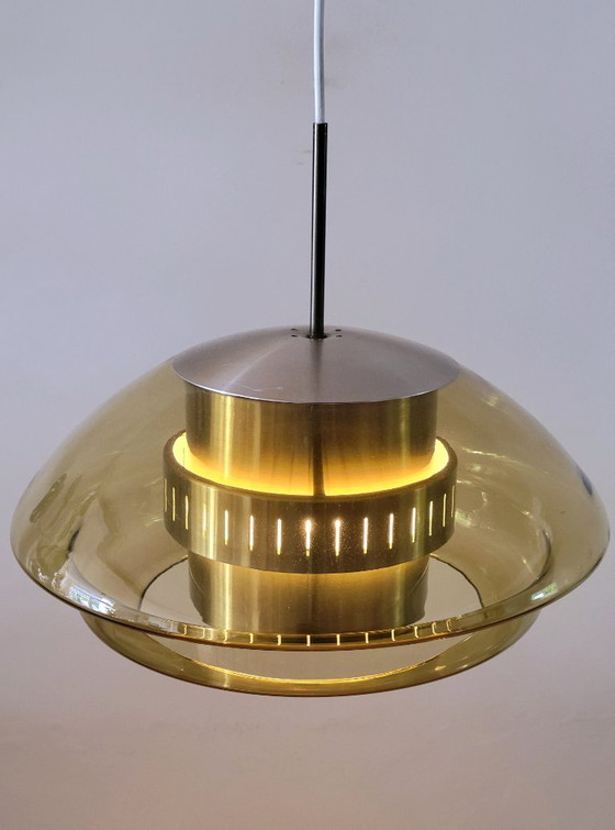 Dijkstra Space Age pendant lamp with amber glass, Netherlands 1970, Dijkstra Lampen, Metal, Yellow (photo 4 of 10)