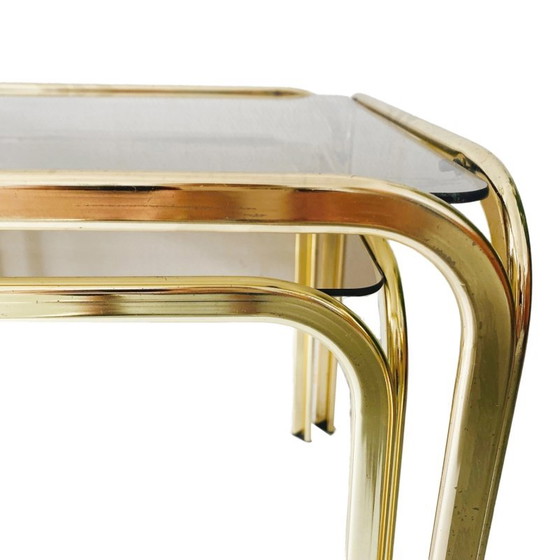 Image 1 of Vintage brass side tables set smoked glass Hollywood Regency