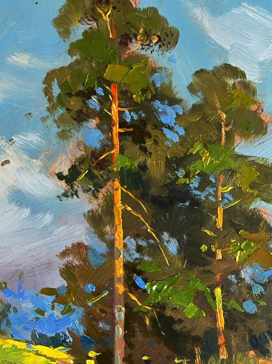 Image 1 of Peinture à l'huile originale, paysage d'été, vaches se promenant dans la nature