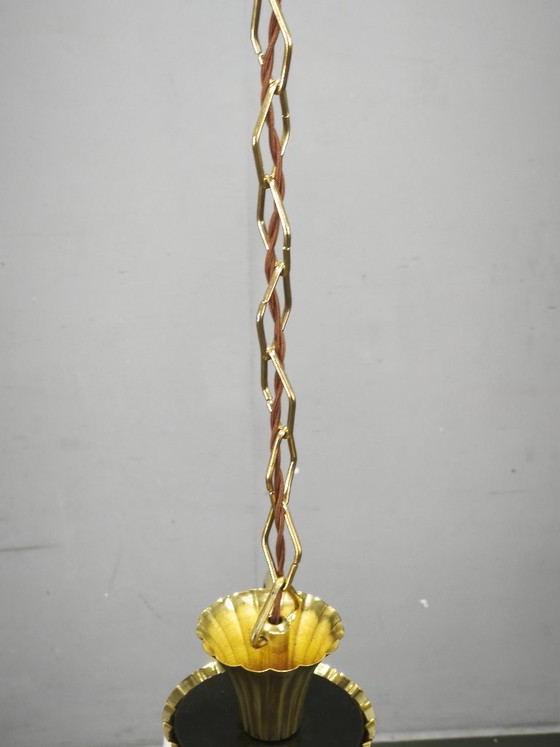 1930s Czechoslovak Art Deco Brass And Opaline Glass Chandelier (photo 9 of 14)