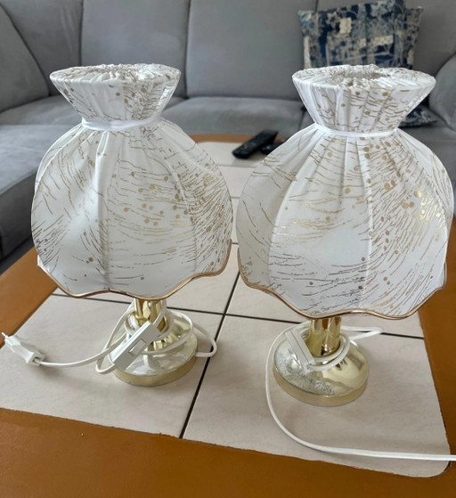 2 Retro Vintage Bedside Lamps, White, 70s/80s, Midcentury, Gold – tafellampen, Metal, Textile (photo 2 of 5)