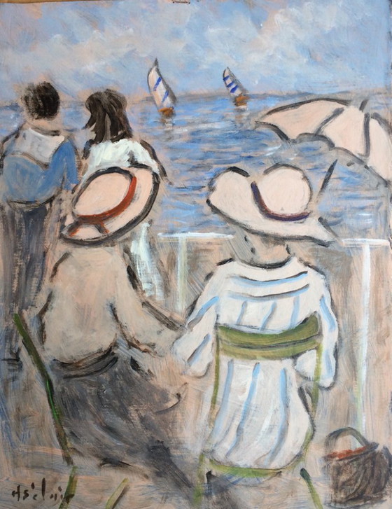 Image 1 of Painting by Henry Saint-Clair (1899-1990) "Elegant Women by the Sea"